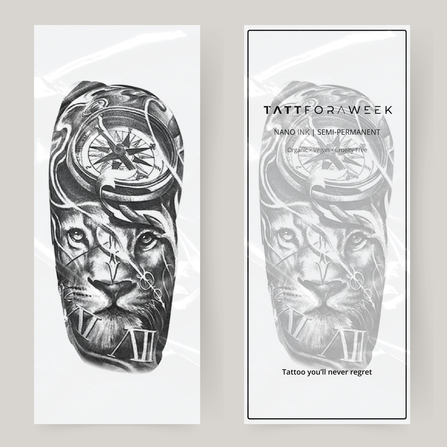 Leão e relógio falsos com manga de tatuagem