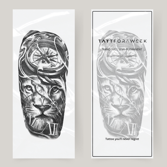 Leão e relógio falsos com manga de tatuagem