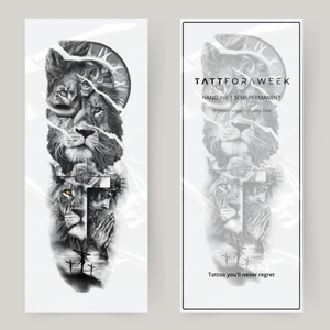 Manga de tatuagem falsa leão, fé e relógio